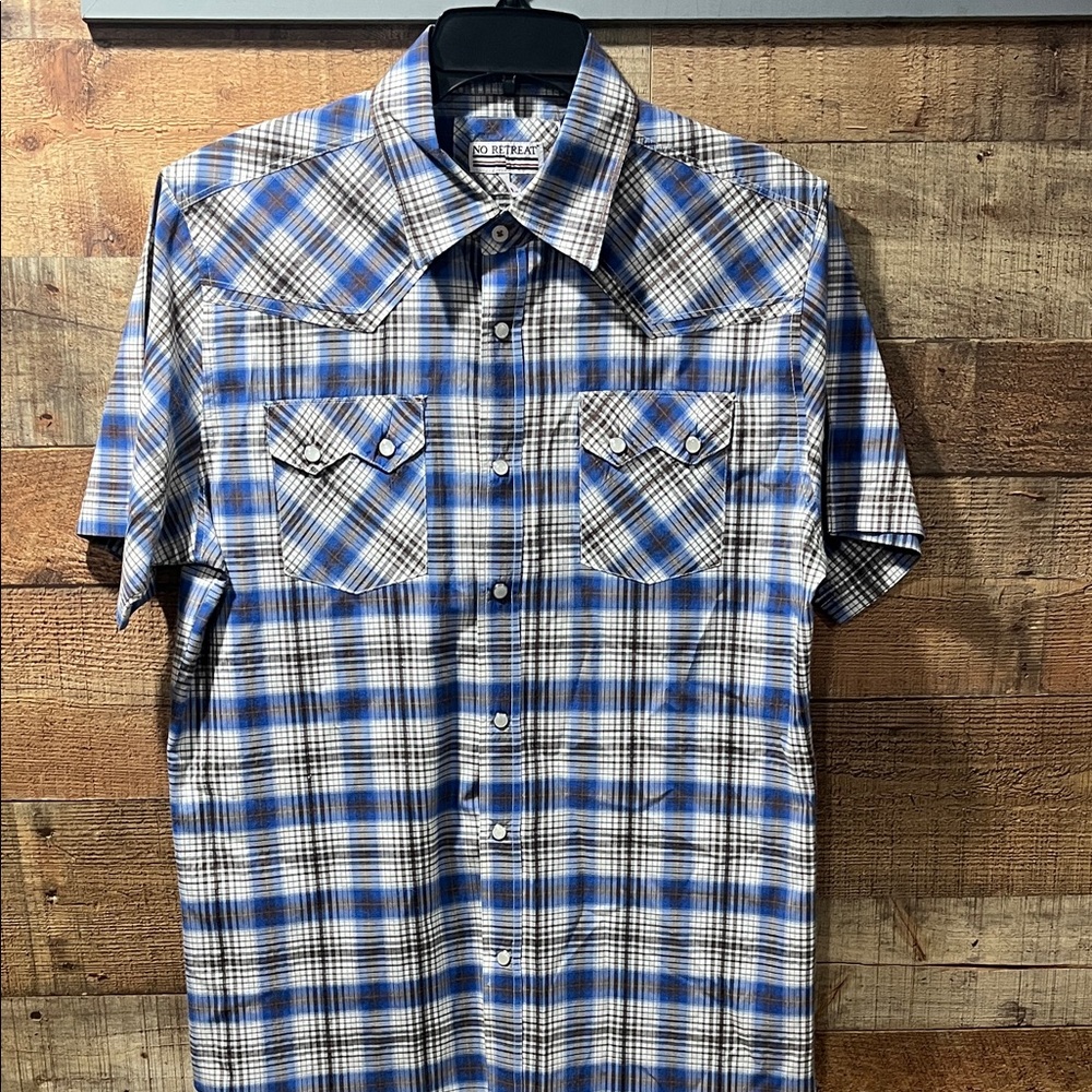 No Retreat Blue and White Plaid pearl snap front Shirt men's large